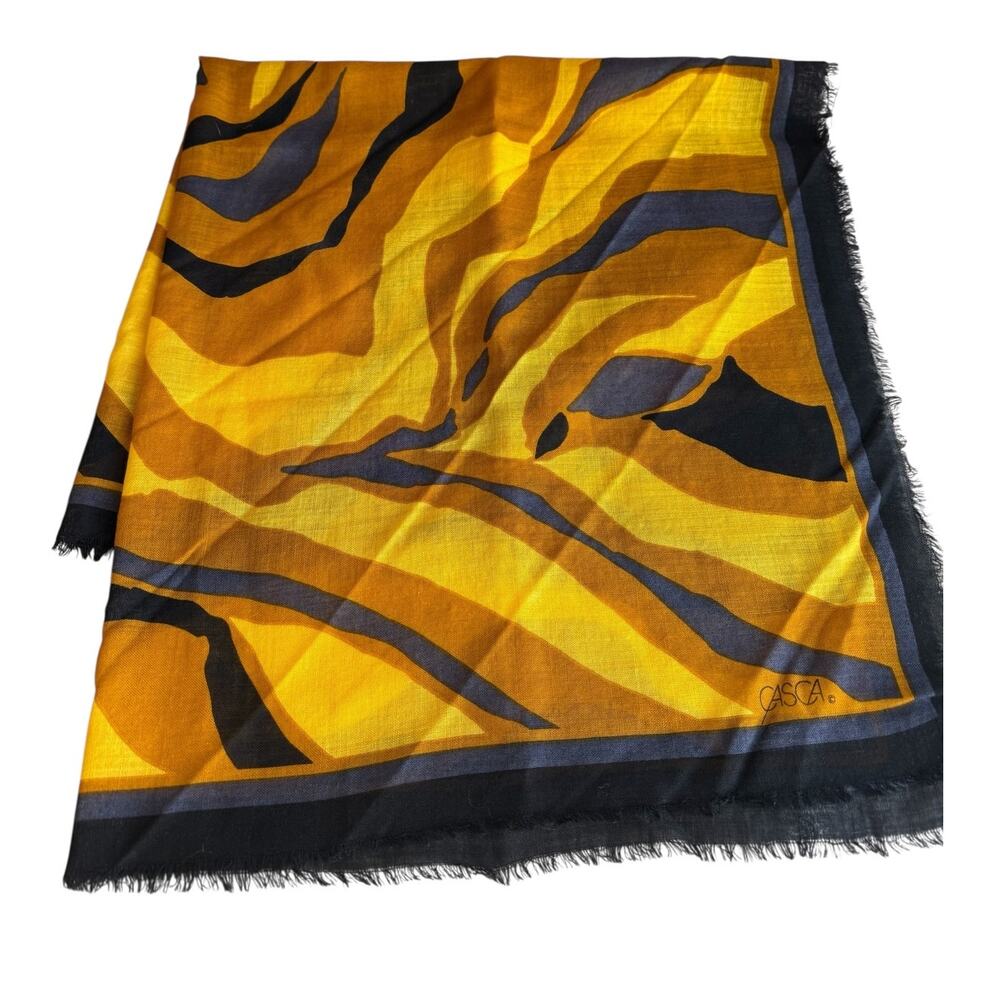 Vintage CASCA for Magid Square Wool Fringed Scarf Ochre Black Print